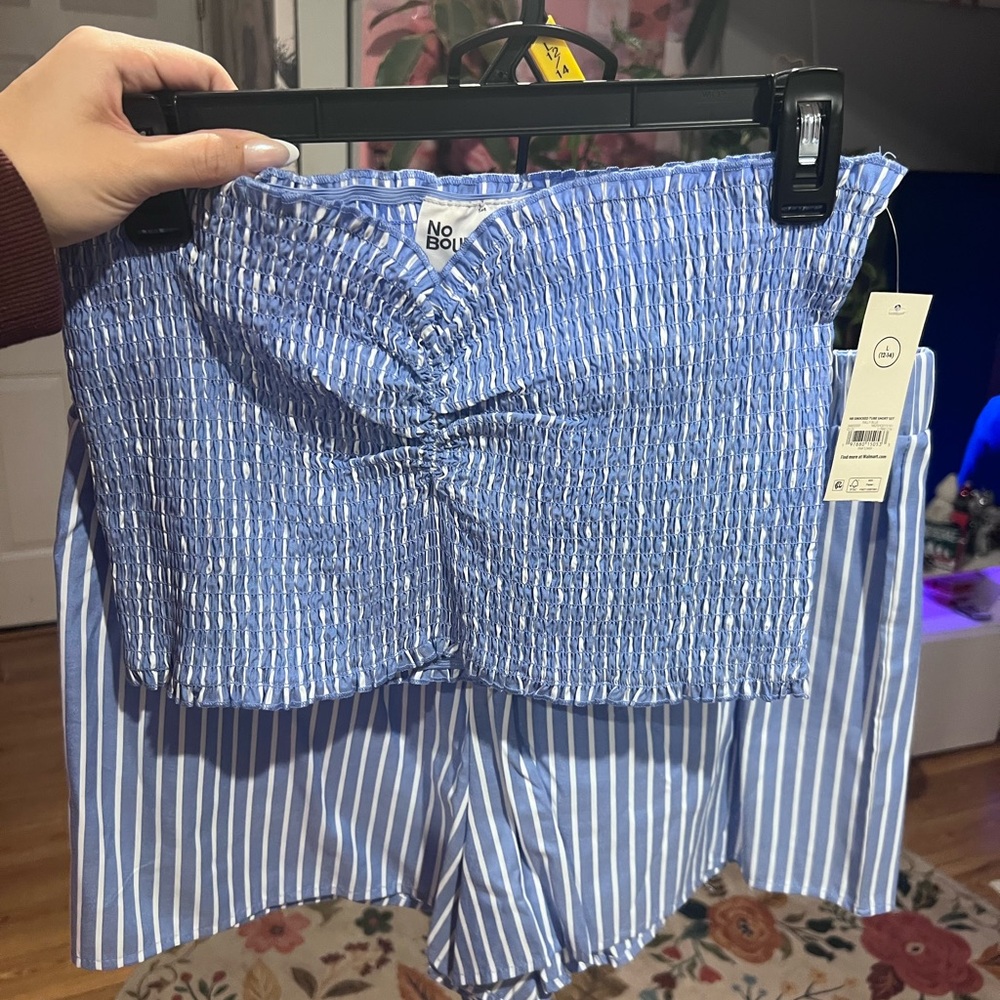 NWT No Boundaries Blue Stripe Smocked Tube Top & Shorts Set 12–14
